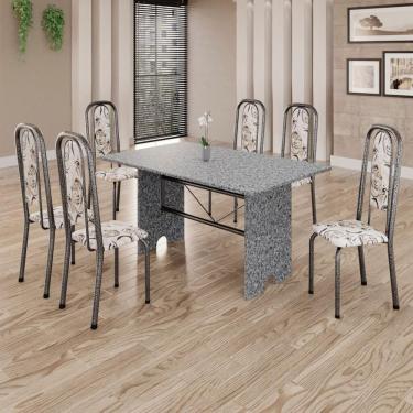 Imagem de Conjunto De Mesa Tubular 6 Cadeiras 140x75cm Mart Prata Com Tampo Em Granito Ocre Letícia 070 - Tudo De Móveis Preto Floral