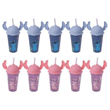 Imagem de Kit 10 Copos Stitch e Angel 500ml Com Tampa Ludica Canudo Orelhinha pa