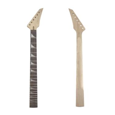 Imagem de YoungMonic Pescoço de substituição para guitarra elétrica de 24 trastes, bordo em escala de 64 cm com escala de jacarandá sem encadernação e incrustação de barbatana de tubarão, peças de guitarra