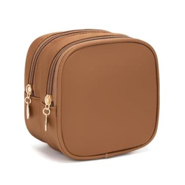 Imagem de XIAOLER Bolsa de maquiagem pequena, bolsa de cosméticos com zíper duplo, bolsa de maquiagem de viagem, linda bolsa de maquiagem para bolsa, mini bolsa de higiene pessoal, Chocolate