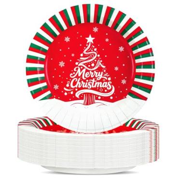 Imagem de Charmount Conjunto de pratos de papel de Natal de 25,4 cm, pratos de sobremesa de Natal de papai noel, boneco de neve, papai noel, utensílios de mesa descartáveis para festas de aniversário e festas