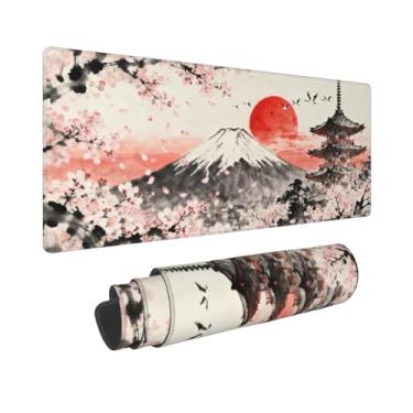 Imagem de Mouse pad japonês com flores de cerejeira 31,5 x 11,8 GG preto cinza rosa vermelho aquarela design estendido grande mousepad teclado mouse pad pad pad com base de borracha antiderrapante bordas