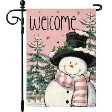 Imagem de OTOSTAR Welcome Christmas Garden Flag 30,5 x 45,7 cm boneco de neve dupla face com listras cachecol bandeira de natal férias de inverno rústico quintal decoração de casa de fazenda ao ar livre rosa