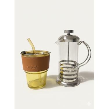 Imagem de Kit Premium para Café, Prensa Francesa 400ml em Aço Inox e Vidro com Copo Térmico 340ml, Tampa Vedada, Canudo Reutilizável, Cinta em Couro Sintético, Moderno, Manual