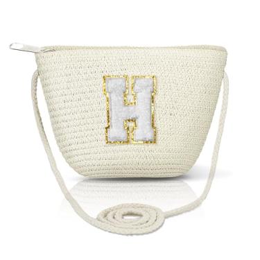 Imagem de Bolsa transversal de palha para mulheres bolsas de verão iniciais feitas à mão bolsa de praia tecida para viagens férias presentes de aniversário personalizados, Bege-grande-h