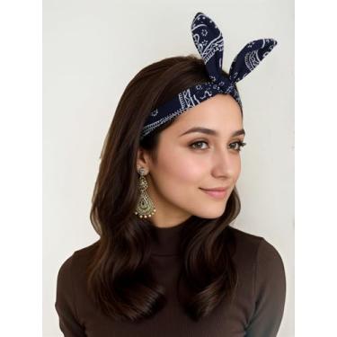 Imagem de Bandana para mulheres, faixa de cabeça com estampa retrô de nó, estampa paisley, ajustável, azul marinho