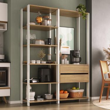 Imagem de Armário De Cozinha Modulada Compacta 135cm 2 Peças Com 2 Gavetas Multimóveis Mp2284 Branco/madeirado