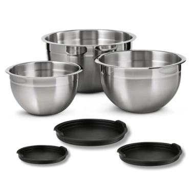 Imagem de Kit 3 Tigelas de Aço Inox com Tampa – Bowls Multiuso Redondos para Cozinha, Salada e Confeitaria