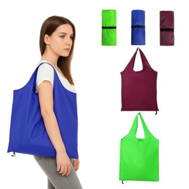 Imagem de Pacote com 3 sacolas de compras reutilizáveis, dobráveis e laváveis na máquina, reutilizáveis, de poliéster durável com bolsa de armazenamento de gravatas, leve e colorida (vermelho, azul, verde)