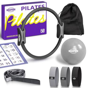 Imagem de ROSAPOAR Conjunto de anéis de Pilates - Círculo mágico de 35,5 cm com bola de ioga e 5 faixas de resistência - Equipamento de treino doméstico para mulheres, kit de tonificação, escultura essencial