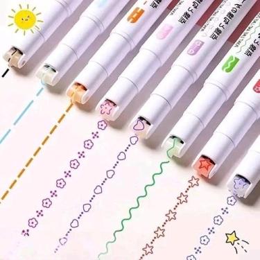 Imagem de Marca texto Carimbo Japonês com Rollers Kit 6 Canetas Marcadoras Mágicas para Textos Anotações e Artes com Linhas e Desenhos Fofos