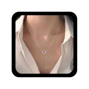 Imagem de Allereyae Colar Boho com pingente de círculo entrelaçado de ouro, colares de anel interligado, colar de contas de prata Y Lariat, gargantilha de anel duplo, joia longa de gota de bola para mulheres