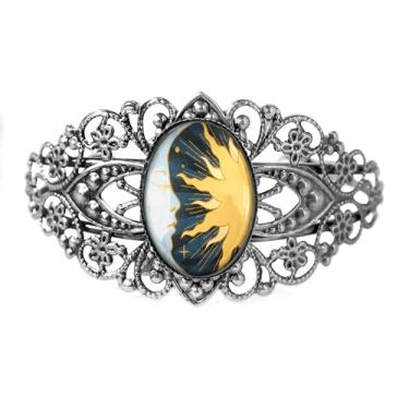 Imagem de Pulseira de filigrana celestial - Lua crescente e sol, acessório artesanal de Halloween, prata bronze antigo ou preto, joias de vidro feitas à mão estilo vitoriano vintage - 916-CB, Adjustable, Vidro