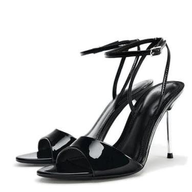 Imagem de Sandálias de salto agulha para mulheres, bico fino, bico aberto, salto alto, tira no tornozelo, sandálias de salto sexy para festa e casamento, sapatos de salto alto, Preto, 38