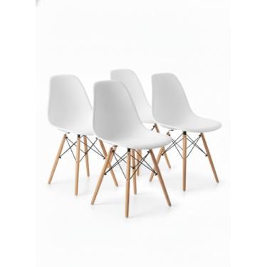 Imagem de Kit 4 Cadeiras Eiffel Charles Eames DSW – Polipropileno Preto e Base de Madeira Clara – Sala de Jantar, Cozinha ou Escritório (Branco)