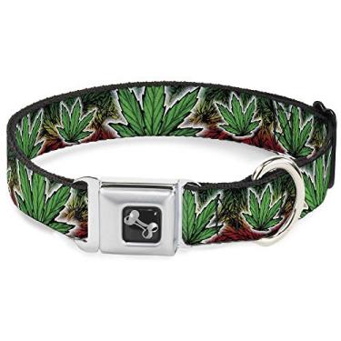 Imagem de Buckle-Down Coleira para cachorro com fivela de cinto de segurança - Maconha Haze Rasta/Branca - 2,5 cm de largura - Serve em pescoço de 38,1 a 66,0 cm - Grande