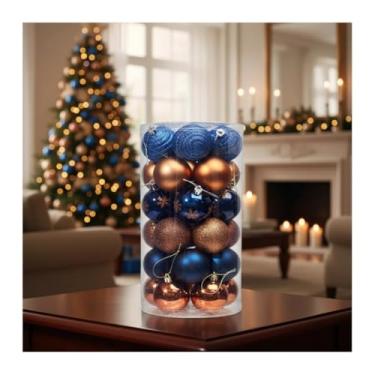 Imagem de Kit 30 Bolas De Natal 6cm Grande Mista Enfeites Natalino Árvore Decorada Pinheiro Decoração Presente Ornamentos Festa Christmas Ball Natalina (Azul-Cobre)