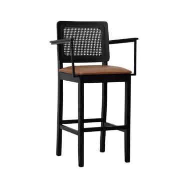 Imagem de Banqueta Alta Bistrô Lyon Telinha Madeira Maciça C-braço - Preto Assento Estofado Corano Marrom Mescla