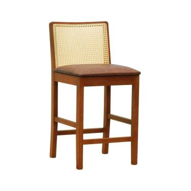 Imagem de Banqueta Média Pérola Madeira Maciça Com Telinha C- 62cm Altura - Amêndoa Assento Estofado Corano Marrom Mescla