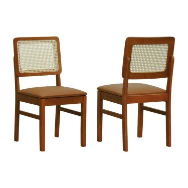 Imagem de Kit 2 Cadeiras Madeira Maciça Lyon Encosto Telinha Natural - Amêndoa Assento Estofado Corano Caramelo