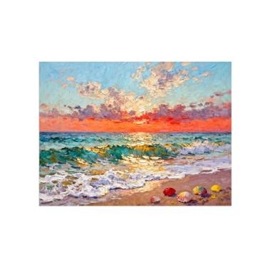 Imagem de Quadro raia em tela-Impressionismo Mar Laranja Céu-Arte moderna Pintura para sala de estar decoração casa 60x80cm Sem Moldura