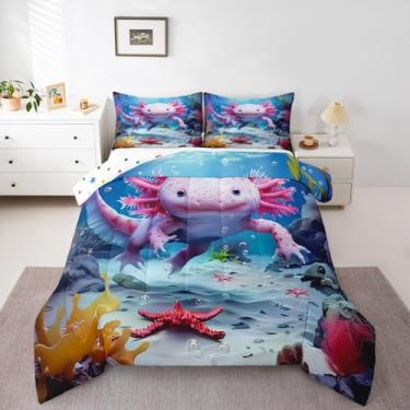 Imagem de Jogo de cama casal com estampa de peixe anfíbio anfíbio para crianças, meninas, meninos, oceano azul, réptil, salamandra, kawaii, decoração de quarto