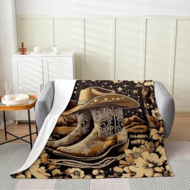 Imagem de Cobertor de flanela cowboy ocidental retrô tribal Texas Stars bonés cobertores de lã para decoração de quarto, flores boêmias rústicas marrom do sudoeste cobertor de cama para cama sofá sofá, 127 x