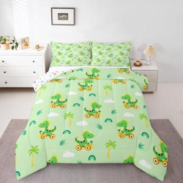 Imagem de jejeloiu Conjunto de cama de dinossauro macio para meninos e meninas, conjunto de edredom de dinossauro, solteiro, verde, edredom de microfibra, 2 peças com 1 fronha