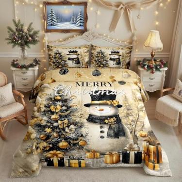 Imagem de Conjunto de edredom dourado com árvore de Natal para crianças e adultos, presente de ano novo, decoração de quarto de jovens, adolescentes, desenho animado de inverno, boneco de neve e floco de neve