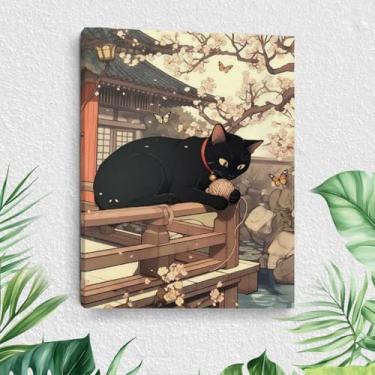 Imagem de Arte de parede em tela de gato de desenho animado, pinturas de arte emolduradas em estilo japonês, decoração de parede, cena da natureza e amantes de gatos imagem para sala de estar, sala de jantar