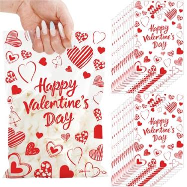 Imagem de Whaline 50 peças de sacolas de plástico para lembrancinhas de festa de Dia dos Namorados com alças de coração vermelho transparente para embalagem de biscoito de aniversário de casamento