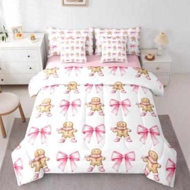 Imagem de Jogo de cama casal, lençol com laço fofo de inverno, Natal, Natal, Natal, fácil de lavar, decoração de quarto de meninos e meninas, rosa branco e amarelo (com elástico + 2 fronhas)