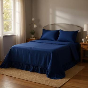 Imagem de COLCHA KING COBRE LEITO COM BABADO 400 FIOS COM PORTA TRAVESSEIRO (FRONHA) TAMANHOS ESPECIAIS LISO (AZUL MARINHO)