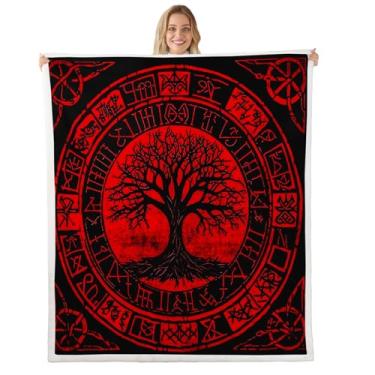 Imagem de Erosebridal Cobertores nórdicos viking sherpa misteriosa árvore da vida cobertor de lã viking antigo cobertor de cama medieval náutico misterioso runa difusa cobertor 127 x 152 cm para homens adultos