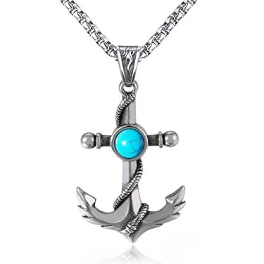 Imagem de ZiWuark - Colar de Aço Inoxidável Turquesa com Pingente de Âncora Náutica - Joia para Homens e Mulheres - Namorado com Corrente de 60 cm