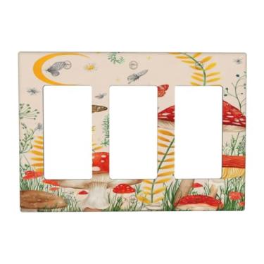 Imagem de DWBGUO Capas de tomada decorativas com design de borboleta boho, plantas de cogumelo vermelho, placa de parede de 3 gangs, capa de interruptor de luz tripla para interruptor de luz GFCI placa frontal