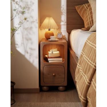 Imagem de Mesa de cabeceira pequena de madeira maciça com gaveta, mesa de cabeceira moderna, mesinha de cabeceira fina para crianças, estreita, quarto, escritório, banheiro (nogueira)