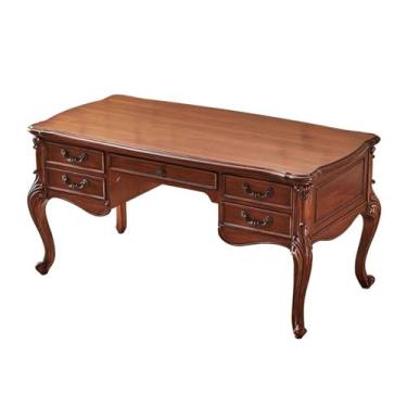 Imagem de Mesa de trabalho Mesa de escritório executiva tradicional madeira 63" com pernas esculpidas à mão e cabriole, mesa escrita vintage em nogueira cerejeira 5 gavetas
