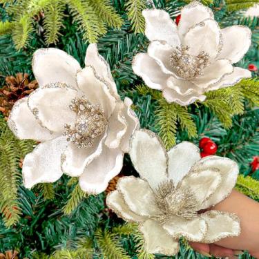 Imagem de 2 peças de flores artificiais de Natal de três camadas com glitter flores falsas com ramo para decoração de festa de Natal (branca)