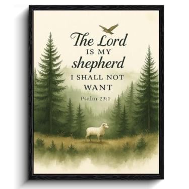 Imagem de The Lord Is My Shepherd Scripture Wall Art, aquarela floresta e cordeiro decoração cristã, impressão em tela emoldurada estilo galeria, pôster do versículo da Bíblia Salmo 23:1, 30 x 38 cm