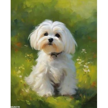 Imagem de WUIVCTR Kit de pintura em tela a óleo de enchimento faça você mesmo por número, cachorro maltês na grama com pincéis e pigmento acrílico, pintura em tela faça você mesmo para adultos iniciantes, 40 x