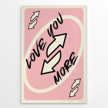 Imagem de Arte de parede rosa moderna Love You More Impressão em tela retrô cartaz de baralho feminino decoração de quarto feminino estética bonito sinal de setas imagem para dormitório, quarto, banheiro, sem