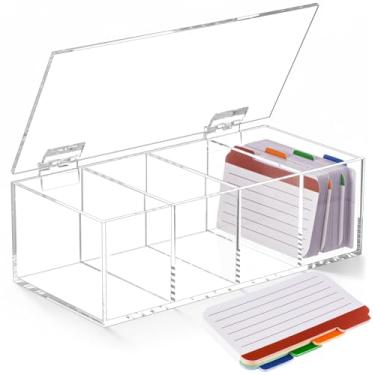 Imagem de Kathfly Suporte de cartão de visita de acrílico com tampa para cartões de 5 x 9 cm, inclui 24 divisórias grossas para cartões, 4 compartimentos, caixa organizadora transparente para mesa, escritório