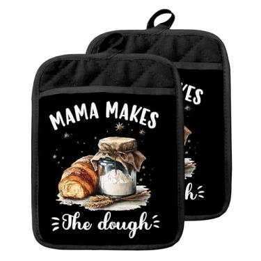 Imagem de GOOZHO Presentes de panificação para mamãe mamãe suportes de panela com bolsos, presentes para mulheres padeiras, suportes de panela para forno Mama Makes The Dough, luvas de forno resistentes ao