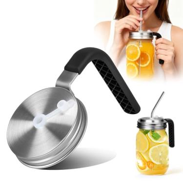 Imagem de Palksky Tampas de pote Mason com orifício de canudo e alça para frascos de boca regular, tampas resistentes a vazamentos com anéis de silicone extras, tampas de canudo para café gelado, limonada, suco