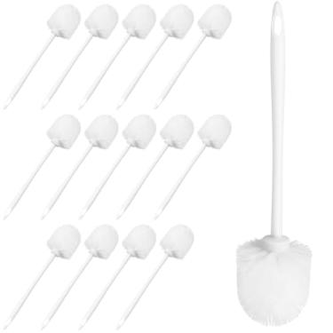 Imagem de Pacote com 15 escovas de limpeza de vaso sanitário, cabo de plástico longo com conjunto de base de armazenamento, cerdas brancas, polipropileno de qualidade do material, limpo para cantos e banheiro