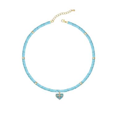 Imagem de LafleLam Colar com pingente de contas, azul turquesa com detalhes dourados, corrente ajustável, Pedra, Turquesa