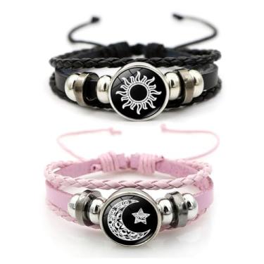 Imagem de Thalireth 2 peças luminosas sol e lua casais amizade combinando amor pulseiras de couro Y2k Spirilet brilham no escuro pulseiras ajustáveis presente de amor para ele e ela
