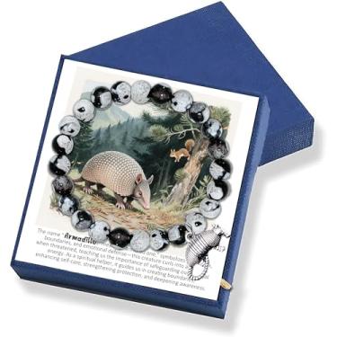 Imagem de Gowvvxu Pulseira de Armadillo Pulseira de Pedra Preta e Branca Natural com Berloque de Armadillo e Cartão de Mensagem – Joias Artesanais para Proteção, Resiliência e Energia Positiva, 7, Pedra, Sem