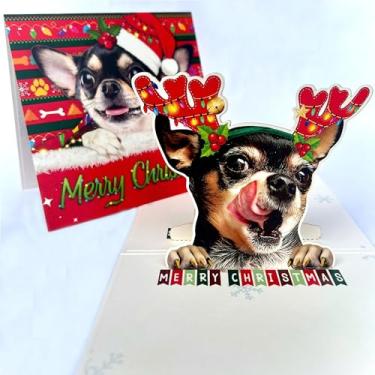 Imagem de Cartão Pop Up de Natal Chihuahua preto – Cartão comemorativo 3D com adorável cão Chihuahua com chifres de rena festivos, perfeito para amantes de cães, vale-presente de Natal exclusivo para amigos e